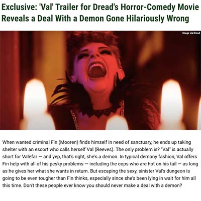Exclusive: 'Val' Trailer for Dread's Horror-Comedy Movie Reveals a Deal With a Demon Gone Hilariously Wrong